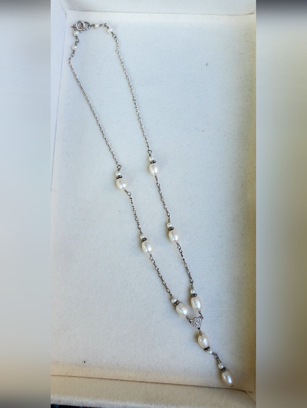 Sterling Pearl Station Necklace - White Pearls